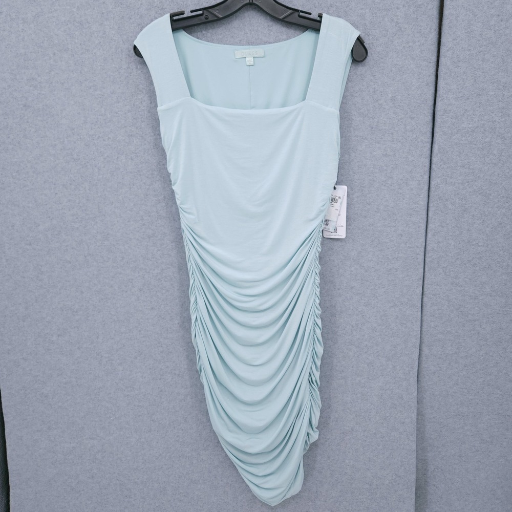 Guess Ruched Nathaly Square Neck Seafoam Sleeveless Dress Bodycon Womens M NWT - Picture 2 of 8